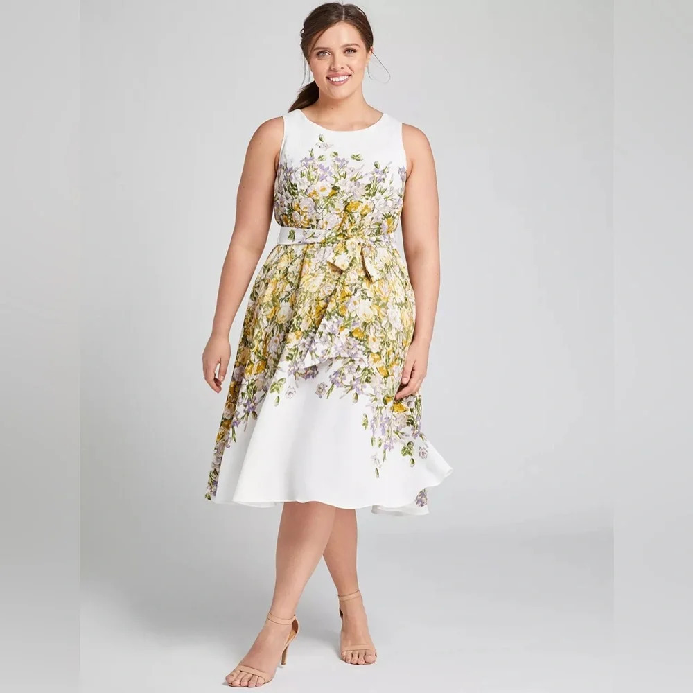 Lane Bryant Floral MIDI Dress Belted White Purple 18 Tank‎